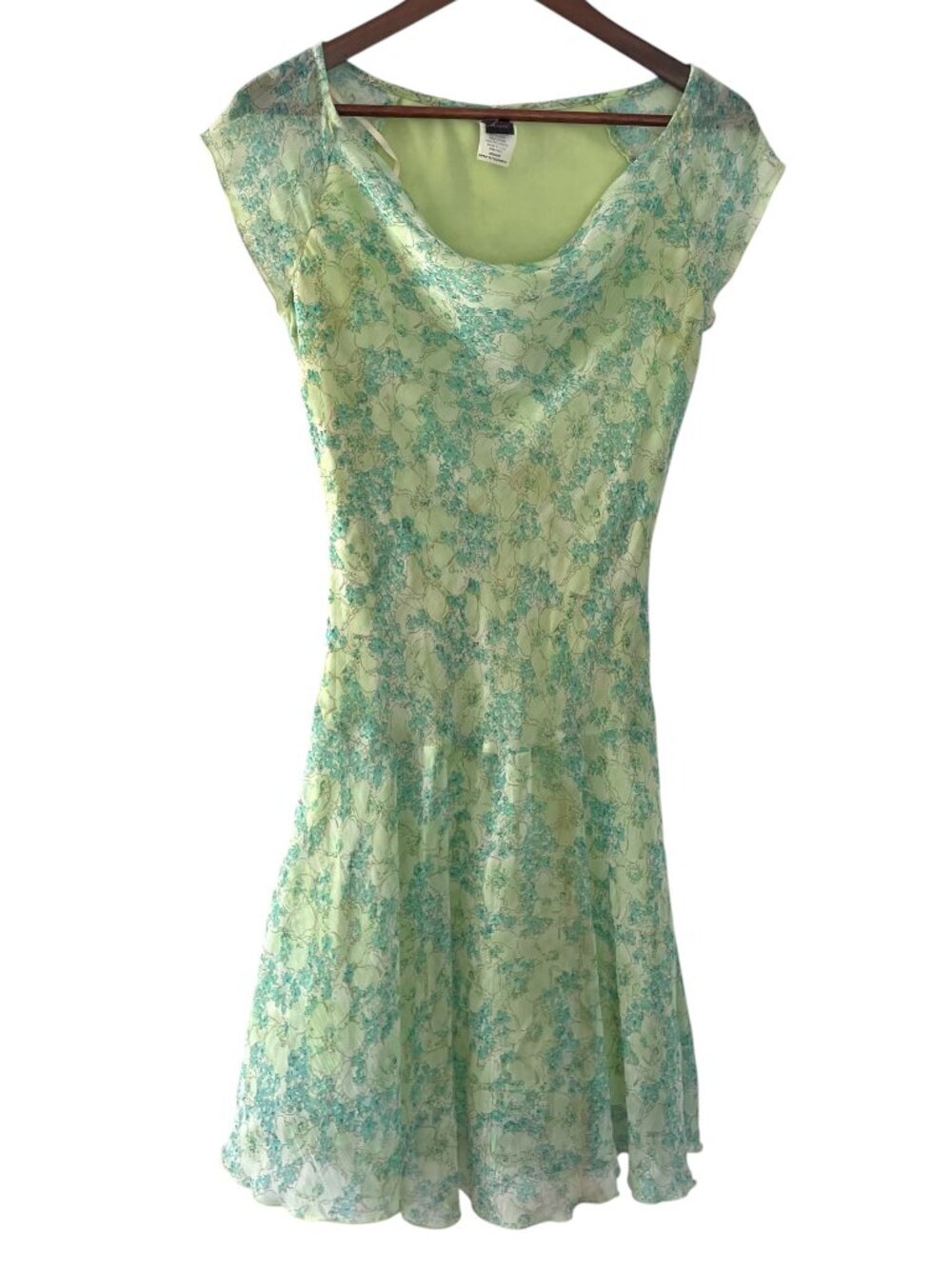 Vintage Y2K Wrapper Drop Waist Midi Dress M Green Floral Mesh Ethereal Fairy